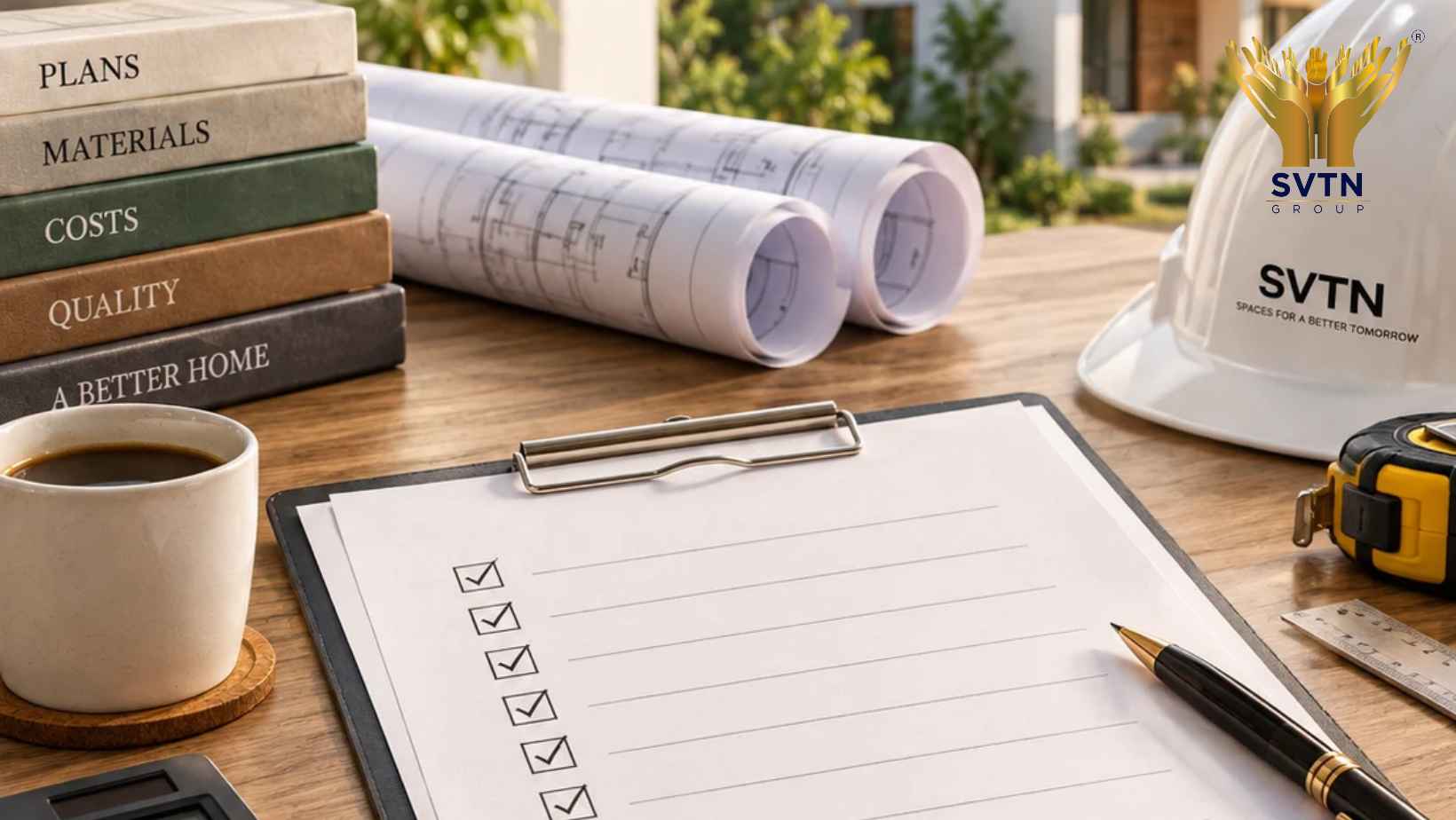 House construction quotation checklist with building plans, materials, calculator and modern home