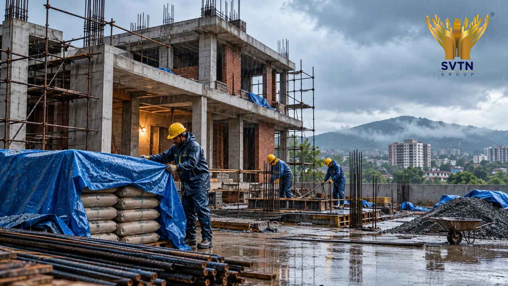House construction in Pune during monsoon with workers, building materials and weather protection