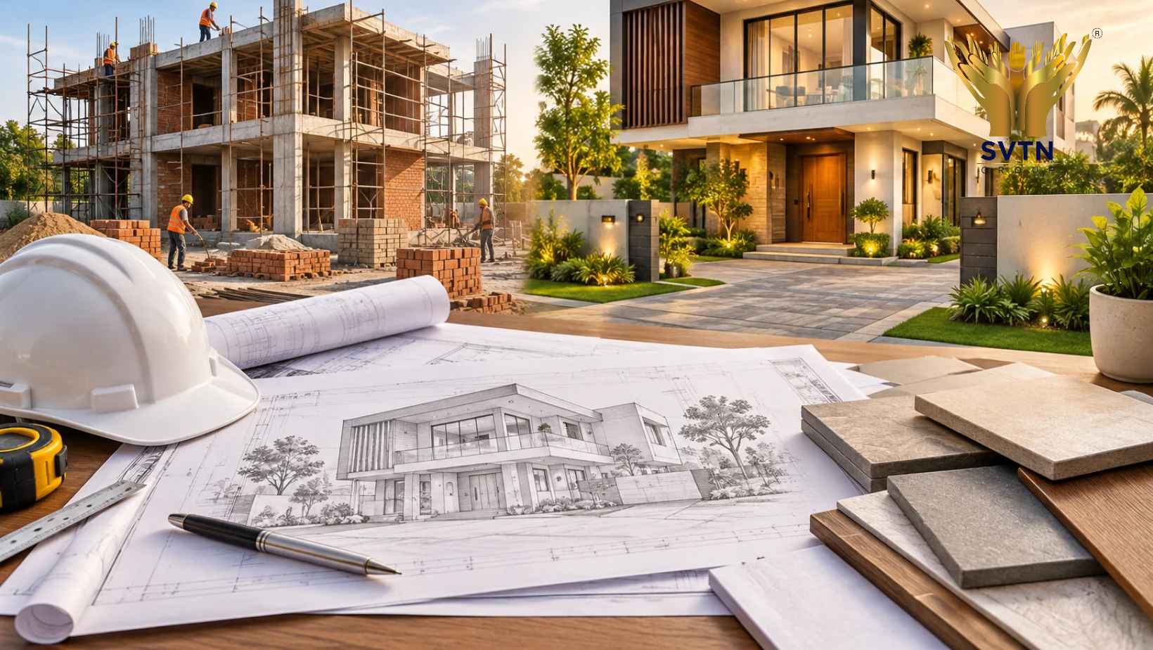 Turnkey house construction process showing home plans, construction materials and project management