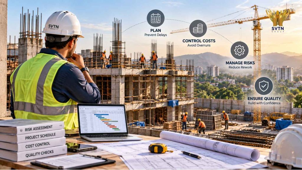 Construction project risk management at a building site, focusing on project scheduling, cost control, quality checks and delay prevention.