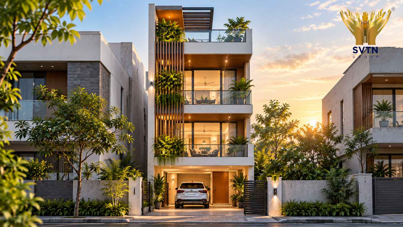 Modern narrow plot house design in Pune featuring a multi-storey home, space-efficient balconies, rooftop terrace and compact parking.